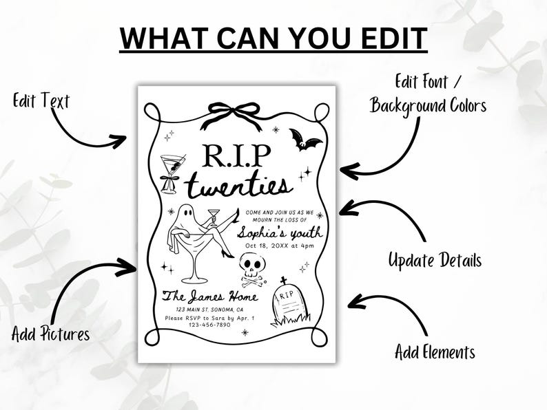 May include: Black and white invitation with the text "R.I.P. twenties" and a ghost illustration. The invitation includes details for a party, such as the date, time, and location. The design also features a cocktail glass, a bat, and a skull.