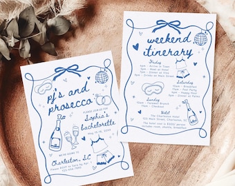 PJs and Prosecco Bachelorette Party Invitation & Itinerary Template, Hand Drawn Girls Gone Mild Slumber Party Bach Weekend Invite Girls Trip
