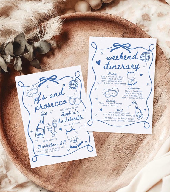 PJs and Prosecco Bachelorette Party Invitation & Itinerary Template, Hand Drawn Girls Gone Mild Slumber Party Bach Weekend Invite Girls Trip