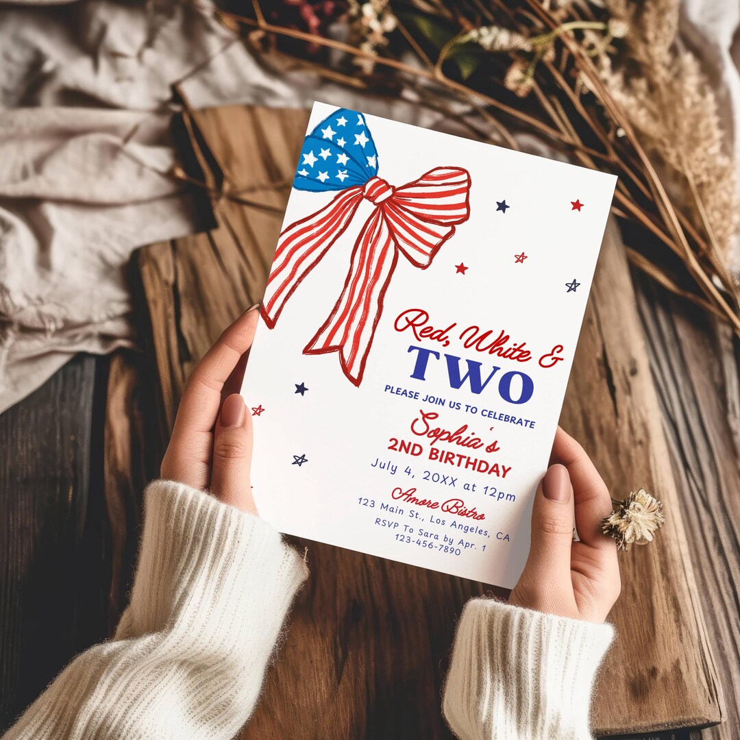 Red White and Two 2nd Birthday Invitation Template, Editable Canva ...