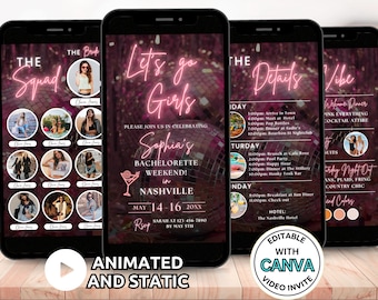 Nashville Bachelorette Invitation & Itinerary Template, Animated Let&#39;s Go Girls Nashville Bach Party Weekend Invite, Digital Last Rodeo Pink