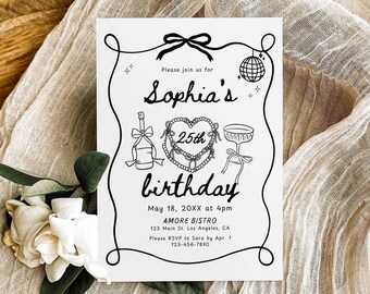 Hand Drawn Birthday Party Invitation Template, Whimsical 25th Birthday Invite, 21th 30th Doodle Birthday Dinner Celebration Invite Printable
