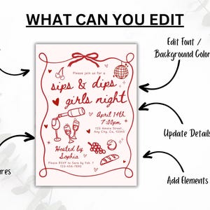 Sips Dips Invitation & Wine Tasting Card Template, Wine and Cheese Girls Night Party Invite, Pink Birthday Dinner Wine Party Game Printable image 8