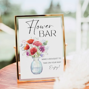 Blumen-Bar-Schild, Wildblumen-Blüten-Bar-Druckvorlage, Blumen-Brautparty-Schild, Blumen-Barwagen-Poster, modernes Babyparty-Dekor zum Ausdrucken