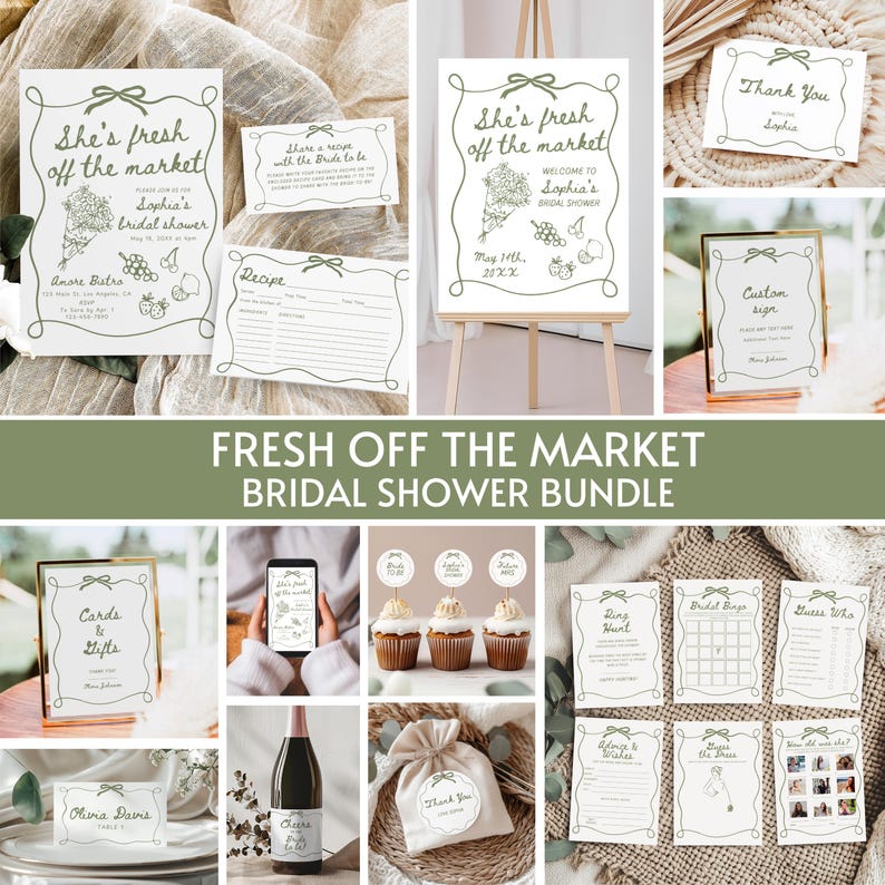 May include: A printable bridal shower bundle in a green and white colour scheme. The bundle includes a welcome sign, cards and gifts sign, recipe cards, bridal bingo, guess who, ring hunt, and more. The theme is "She's Fresh Off the Market".