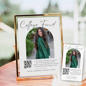 College Fund QR Code Sign Template, Modern Minimalist Graduation College Fund Insert, Custom High School Grad Party Sign, Venmo QR Code Sign