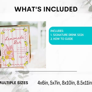 May include: A framed sign with the text "Lemonade Bar" in pink, featuring a lemonade pitcher illustration and the words "Fill with ice, add the syrup, pour the lemonade, top with fruit, enjoy!" Includes a signature drink sign and a how-to guide.