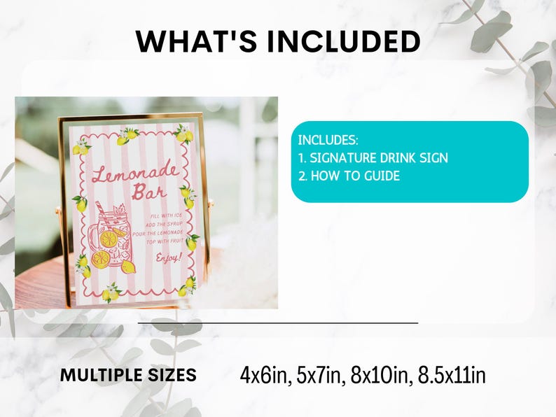 May include: A framed sign with the text "Lemonade Bar" in pink, featuring a lemonade pitcher illustration and the words "Fill with ice, add the syrup, pour the lemonade, top with fruit, enjoy!" Includes a signature drink sign and a how-to guide.