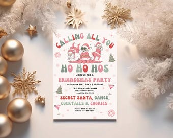 Girls Night 'Calling all you Ho Ho Hos' Christmas Party Invitation Template, Friendsmas Holiday Dinner Invite, Retro Pink Fun Xmas Invite