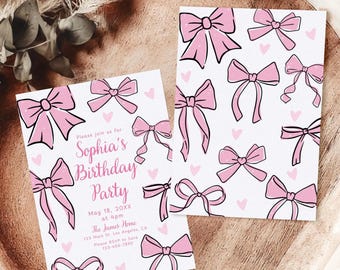 Pink Bow Birthday Party Invitation Template, Coquette Party Birthday Invite, Ribbon Cute Girl Birthday Dinner Celebration Invite Printable