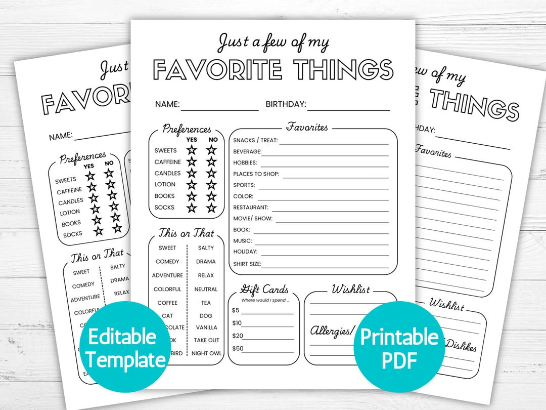 Favorite Things List Survey Questionnaire, Get to Know You Form ...