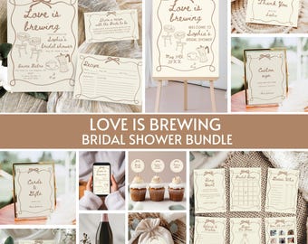 Lot de douche nuptiale Love is Brewing, invitation de douche nuptiale Martini expresso, panneaux d'invitation et jeux, modèle modifiable de café avec noeud dessiné à la main