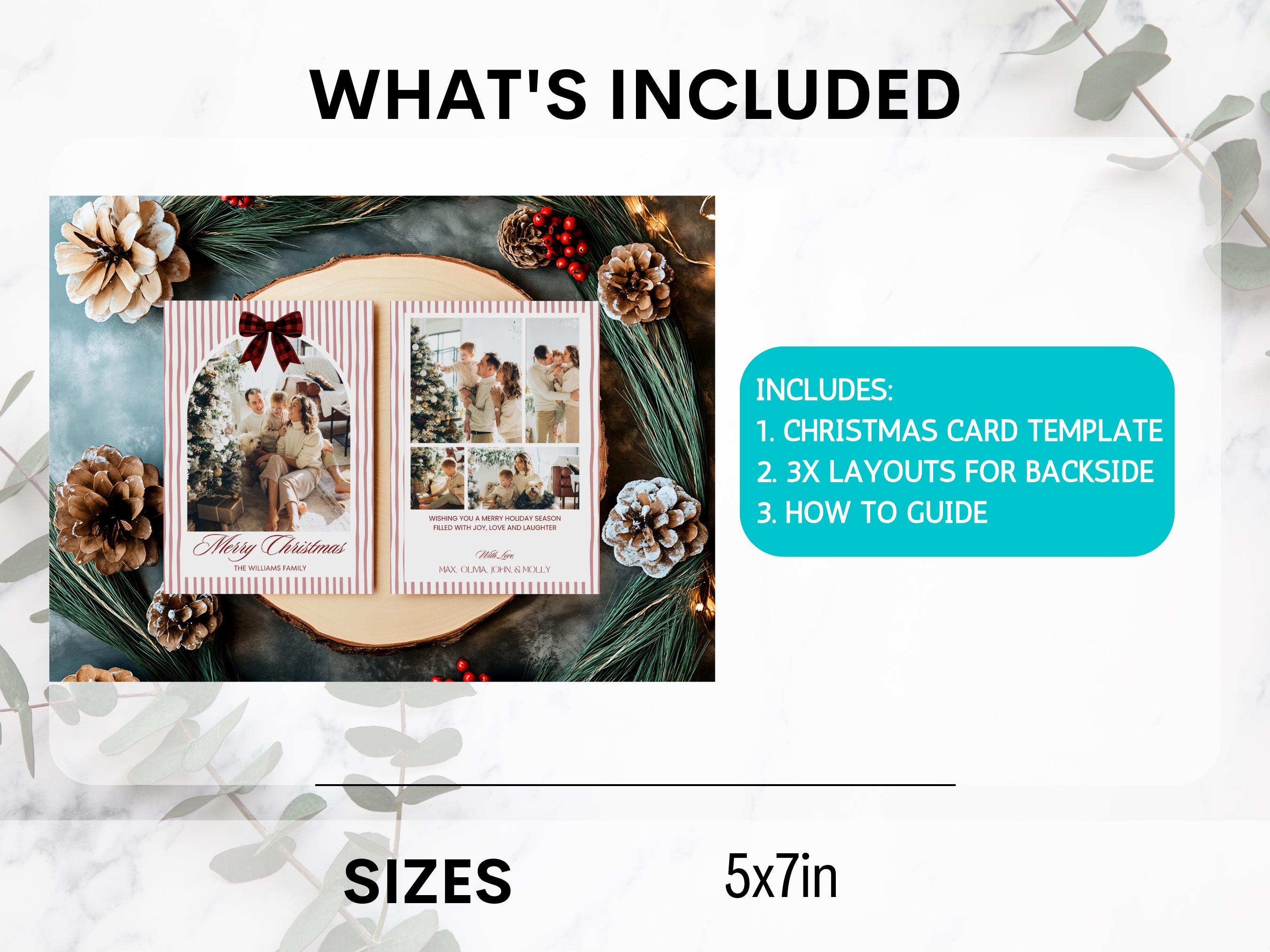 Holiday Photo Card Template, Red Bow Stripe Christmas Card, Printable ...