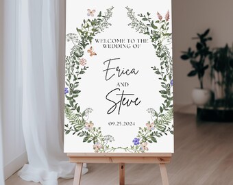Welkomstbord met wilde bloemen voor een bruiloft, boho bloemen welkomstbord voor een bruiloft, moderne tuinbloemen boho bruiloft poster (bewerkbaar)