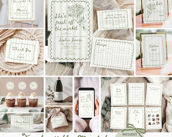 May include: A bridal shower stationery bundle featuring a light green and white striped pattern with scalloped edges. Includes invitations, recipe cards, thank you notes, signage, cupcake toppers, and game cards with floral line art illustrations.