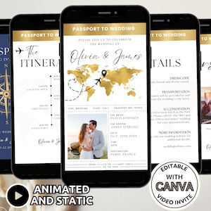 Modèle électronique de suite de faire-part de mariage passeport, ensemble animé d'invitation de mariage à destination, paquet d'invitation de mariage de voyage RSVP modifiable