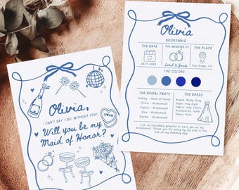 Bridesmaid Proposal Card Template, Hand Drawn Will You Be My Bridesmaid Card, Bow Bridesmaid Maid of Honor Proposal Info Invite Editable