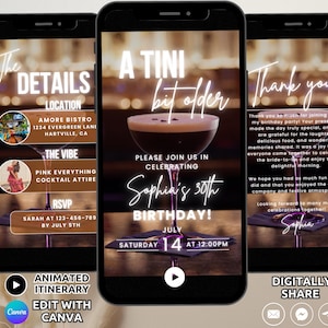 Puede incluir: Una invitación digital para una fiesta de cumpleaños número 30. La invitación presenta una copa de cóctel con un líquido oscuro y un letrero de color rosa neón que dice "A TINI bit older". La invitación también incluye detalles sobre la fiesta, como la fecha, la hora y la ubicación. El texto "Sophia's 30th Birthday!" está escrito en rosa neón.