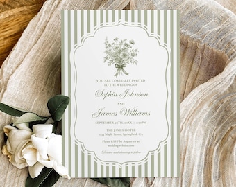 Sage Green Wedding Invitation Template, Stripe Elegant Floral Garden Party Wedding Invite, Vintage Wedding Invite Vintage Coquette Editable