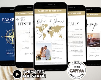 Passport Wedding Invitation Suite Electronic Template, Animated Destination Wedding Invite Set, Travel Wedding Invite Bundle RSVP Editable