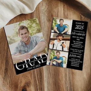 Graduation Invitation 2025 Template, Senior Graduate Announcement, Black Modern Photo Graduation Party Invite, Boys Graduation Card Editable