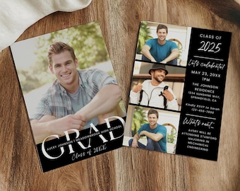 Graduation Invitation 2026 Template, Senior Graduate Announcement, Black Modern Photo Graduation Party Invite, Boys Graduation Card Editable