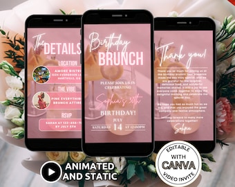 Digital Birthday Brunch Invitation Template, Bubbly and Brunch Invite Animated, Mimosa Brunch Party Pink Birthday Celebration Invite Phone