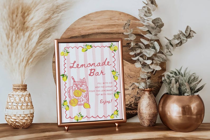 Lemonade Bar Sign, Lemonade bar Mocktail Print, Pink Stripes Lemon Drink Menu Template, Non Alcoholic Bar Grad Baby Bridal Shower Decor image 4