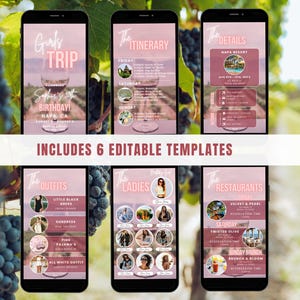 Pode incluir: Seis modelos de telefone edit&aacute;veis para uma viagem de meninas para Napa Valley, Calif&oacute;rnia. Os modelos apresentam um esquema de cores rosa e branco com um gr&aacute;fico de copo de vinho. O texto nos modelos inclui "Gurls Trip", "The Itinerary", "The Details", "The Outfits", "The Ladies" e "The Restaurants".