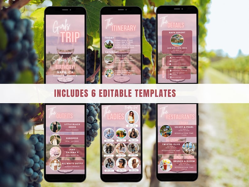 Pode incluir: Seis modelos de telefone edit&aacute;veis para uma viagem de meninas para Napa Valley, Calif&oacute;rnia. Os modelos apresentam um esquema de cores rosa e branco com um gr&aacute;fico de copo de vinho. O texto nos modelos inclui "Gurls Trip", "The Itinerary", "The Details", "The Outfits", "The Ladies" e "The Restaurants".