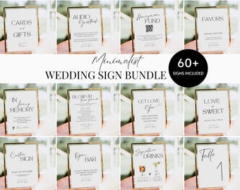 Wedding Sign Bundle Template,  Modern Minimalist Wedding Signs, 60+ Reception Sign Set, Boho Script Wedding Table Signs Editable Printable