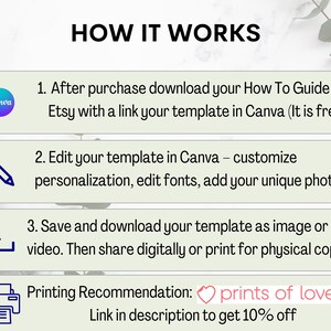 May include: A green and white graphic with instructions on how to use a Canva template. The graphic includes icons for Canva, a pencil, a download arrow, and a printer. The text reads "HOW IT WORKS" and includes the following steps: 1. After purchase download your How To Guide on Etsy with a link your template in Canva (It is free!). 2. Edit your template in Canva - customize personalization, edit fonts, add your unique photos. 3. Save and download your template as image or video. Then share digitally or print for physical copies. Printing Recommendation: prints of love Link in description to get 10% off