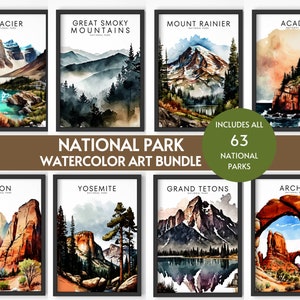 All 63 National Park Aquarell Kunst, US National Parks, Wand Kunst zum ausdrucken, Bergwald Poster, Outdoor Reise Home Dekor 63 NPS