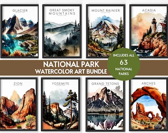 May include: A collection of 8 watercolor paintings of different national parks in the United States. The paintings are framed in black frames and feature landscapes with mountains, lakes, forests, and rock formations. The text "NATIONAL PARK WATERCOLOR ART BUNDLE" is displayed in the center of the image. The text "INCLUDES ALL 63 NATIONAL PARKS" is displayed in a circle in the lower right corner of the image.