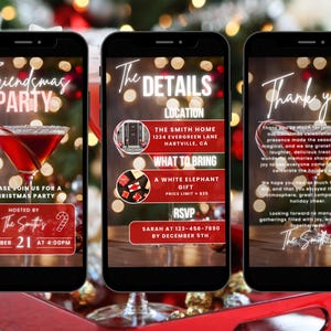 May include: Three smartphone screens showing a Christmas party invitation with a red and white candy cane, a cocktail glass, and the text "Friendsmas Party". The second screen shows the details of the party, including the location, what to bring, and RSVP information. The third screen says "Thank you!" and includes a message thanking guests for attending the party.