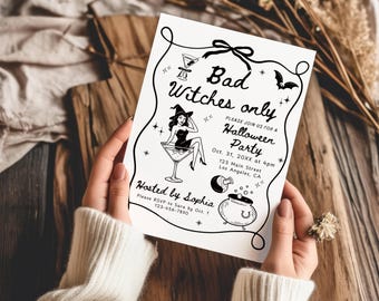 Plantilla de invitación para noche de chicas de Halloween, invitación a fiesta de fantasmas dibujada a mano, disfraces y cócteles de Halloween otoñales y espeluznantes.