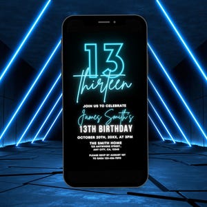 Blue Neon 13th Birthday Invitation Template, Digital Cool Thirteen Bday Party Invite Animated Teenager Boy 13th Birthday Invite Phone