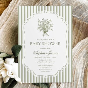 Groene uitnodiging babyshowersjabloon, genderneutrale babyshower uitnodiging, vintage elegante boho bloemen babybrunch uitnodiging bewerkbare afdrukbare