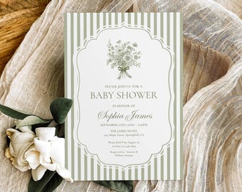 Green Baby Shower Invitation Template, Gender Neutral Baby Shower Invite, Vintage Elegant Boho Floral Baby Brunch Invite Editable Printable