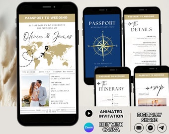 Passport Wedding Invitation Suite Electronic Template, Animated Destination Wedding Invite Set, Travel Wedding Invite Bundle RSVP Editable