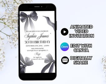 Black Bow 30th Birthday Invitation Template, Girl Coquette Birthday Party Invite, Animated 30 Thirty Birthday Dinner Digital Evite Phone