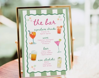 Fun Bar Menu Sign Template, Hand drawn Signature Drink Bar Menu Template Wavy Green Stripes Wedding Shower Birthday Party Cocktail Bar Sign