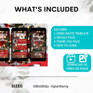 May include: A digital invitation template for a Christmas party. The template includes a video invite, details page, thank you page, and a how-to guide. The template is available for download as a video or image. The template is 1080 pixels by 1920 pixels.