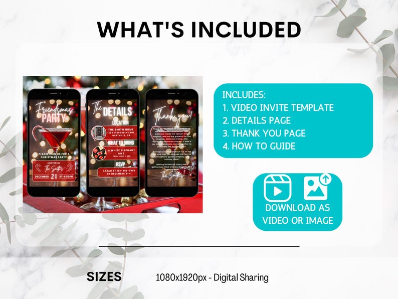 May include: A digital invitation template for a Christmas party. The template includes a video invite, details page, thank you page, and a how-to guide. The template is available for download as a video or image. The template is 1080 pixels by 1920 pixels.