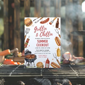 Summer BBQ Invitation Template, Grillin & Chillin Invite, BBQ barbeque Cookout Party, Editable Canva Invite Backyard Potluck Printable