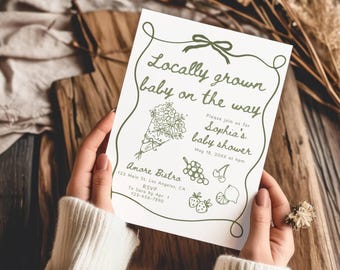 Lokal angebaute Babyparty-Einladungsvorlage, Bauernmarkt-Babyparty-Einladung, geschlechtsneutrale Baby-Brunch-Einladung bearbeitbar druckbar