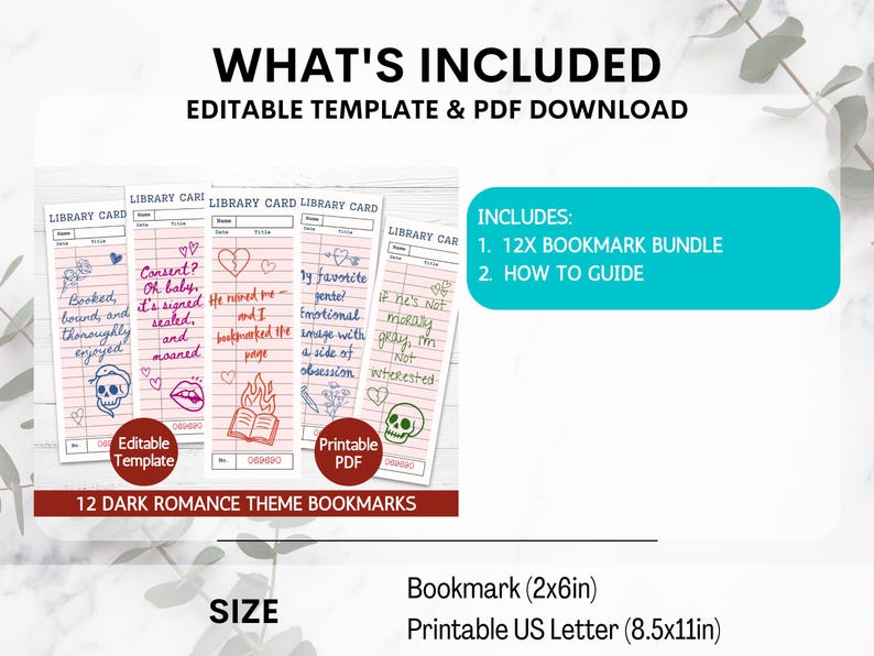May include: A set of 12 dark romance theme bookmarks, designed as library cards, with phrases like "Consent? Oh baby" and "He loved me - and I bookmarked the page." Each bookmark measures 2x6 inches.
