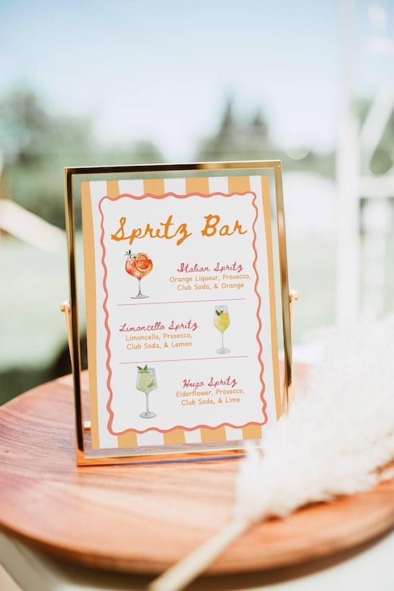 Spritz Bar Sign, Italian Hugo Spritz Cocktail Print, Signature Drink Bar Menu Template Cocktail Poster Wavy Stripe baby Bridal Shower Decor