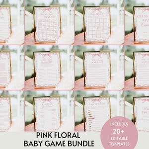 Toile De Jouy Baby Shower Game Bundle, Pink Bow Girl Baby Shower Games, Vintage Floral Baby Brunch Game Pack Editable Printable Template