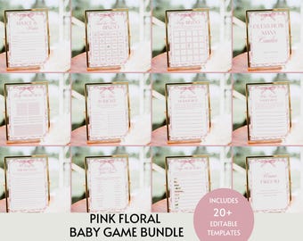Toile De Jouy Baby Shower Game Bundle, Pink Bow Girl Baby Shower Games, Vintage Floral Baby Brunch Game Pack Editable Printable Template